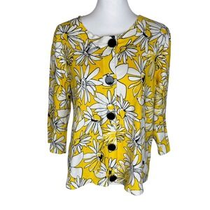 Cable & Gauge Yellow White Daisy Floral Cardigan Sweater 3/4 Sleeve Missy XL